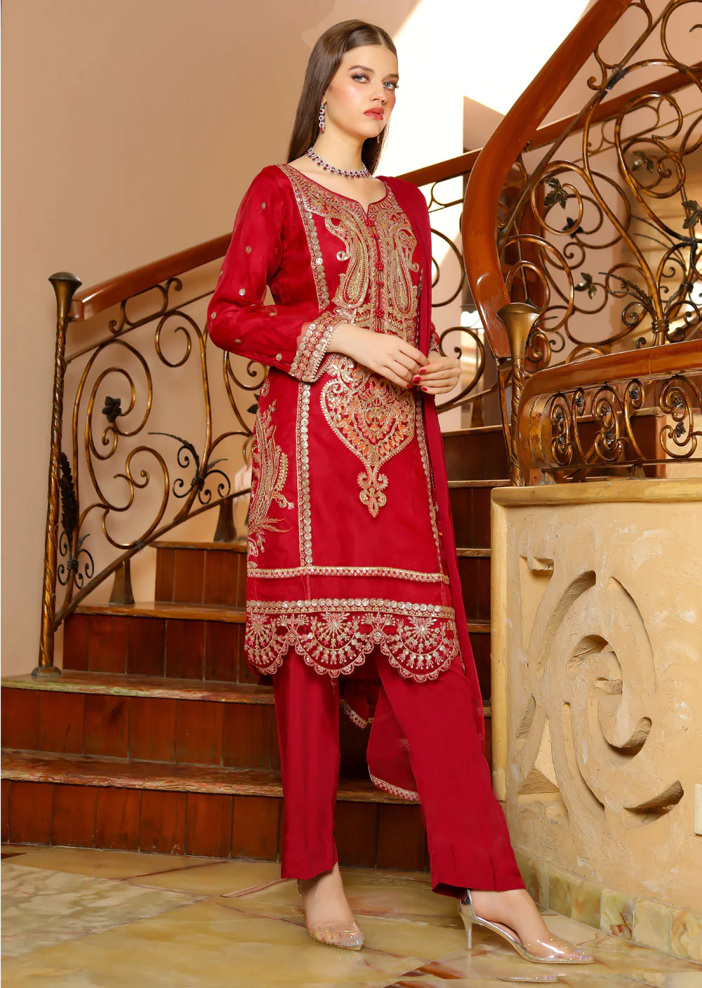 KLD327 Seba - Red Readymade Organza suit - Image 2