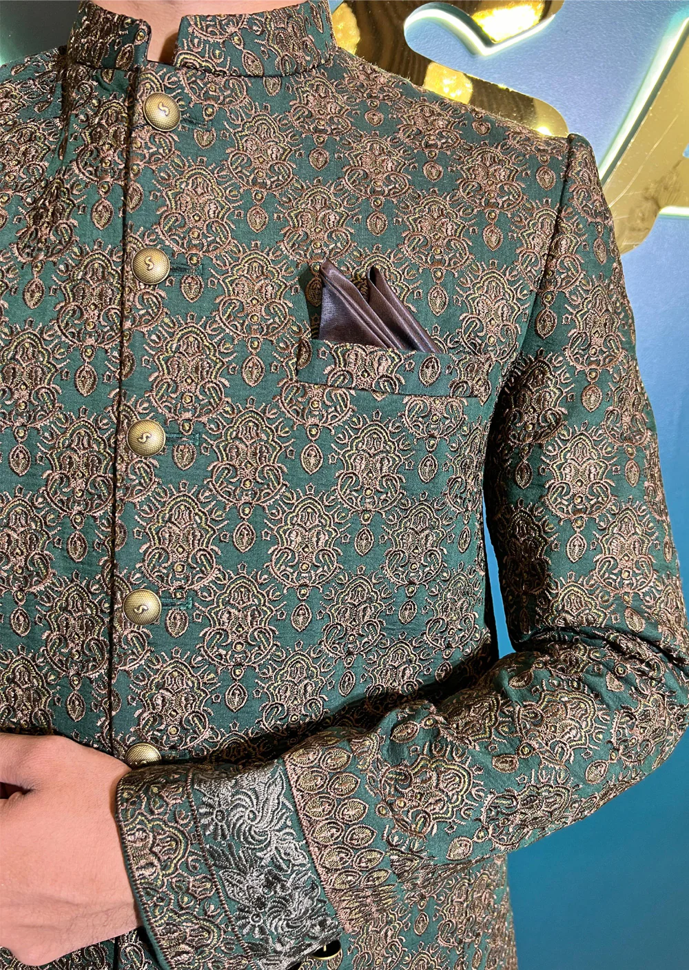 PC-701 - Green Mens Embroidered Prince Coat - Image 10