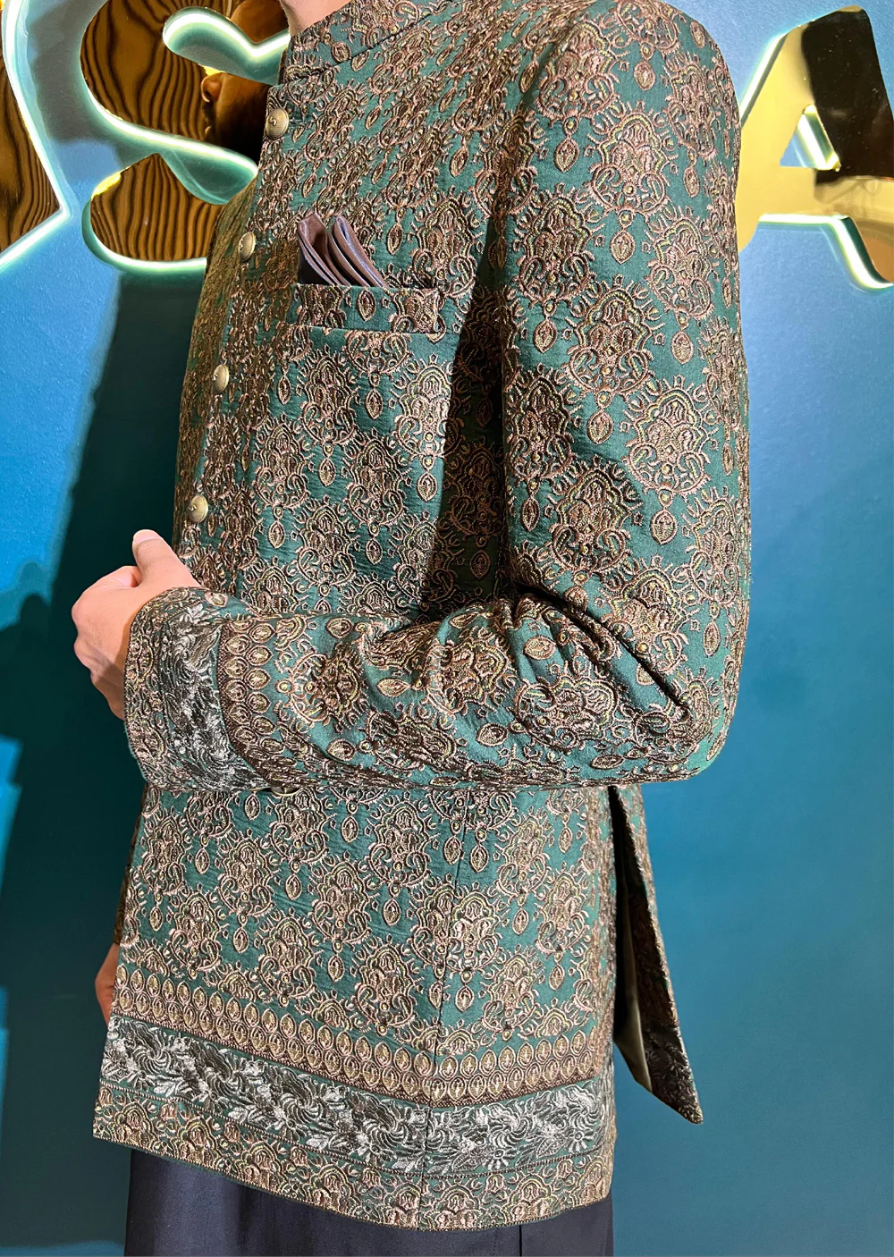PC-701 - Green Mens Embroidered Prince Coat - Image 8
