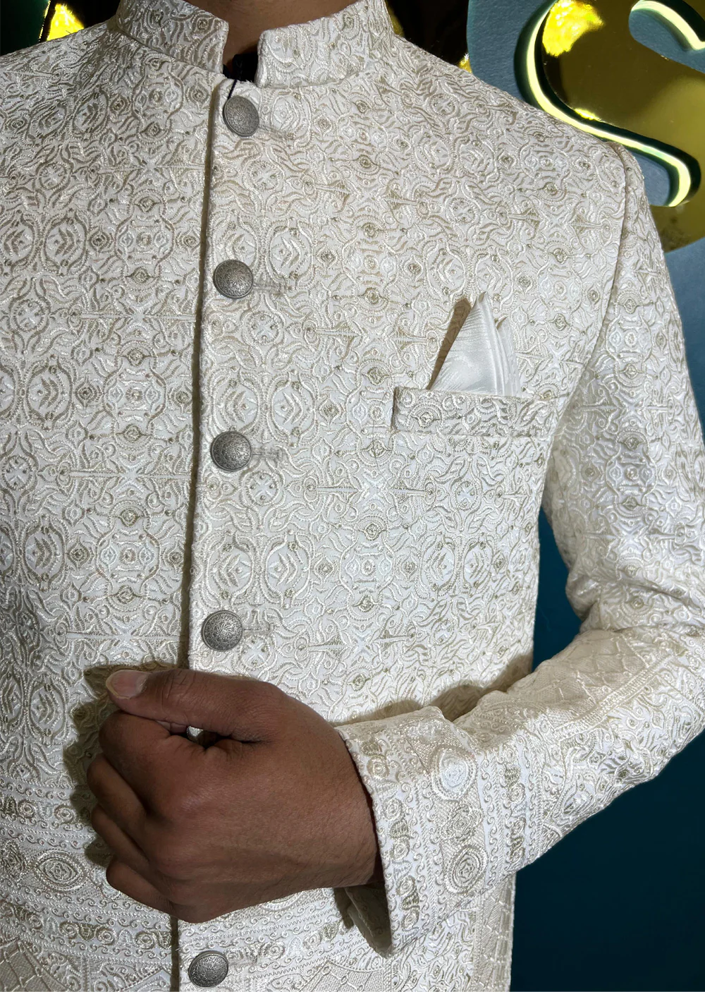 PC-703 - White Mens Embroidered Prince Coat - Image 8