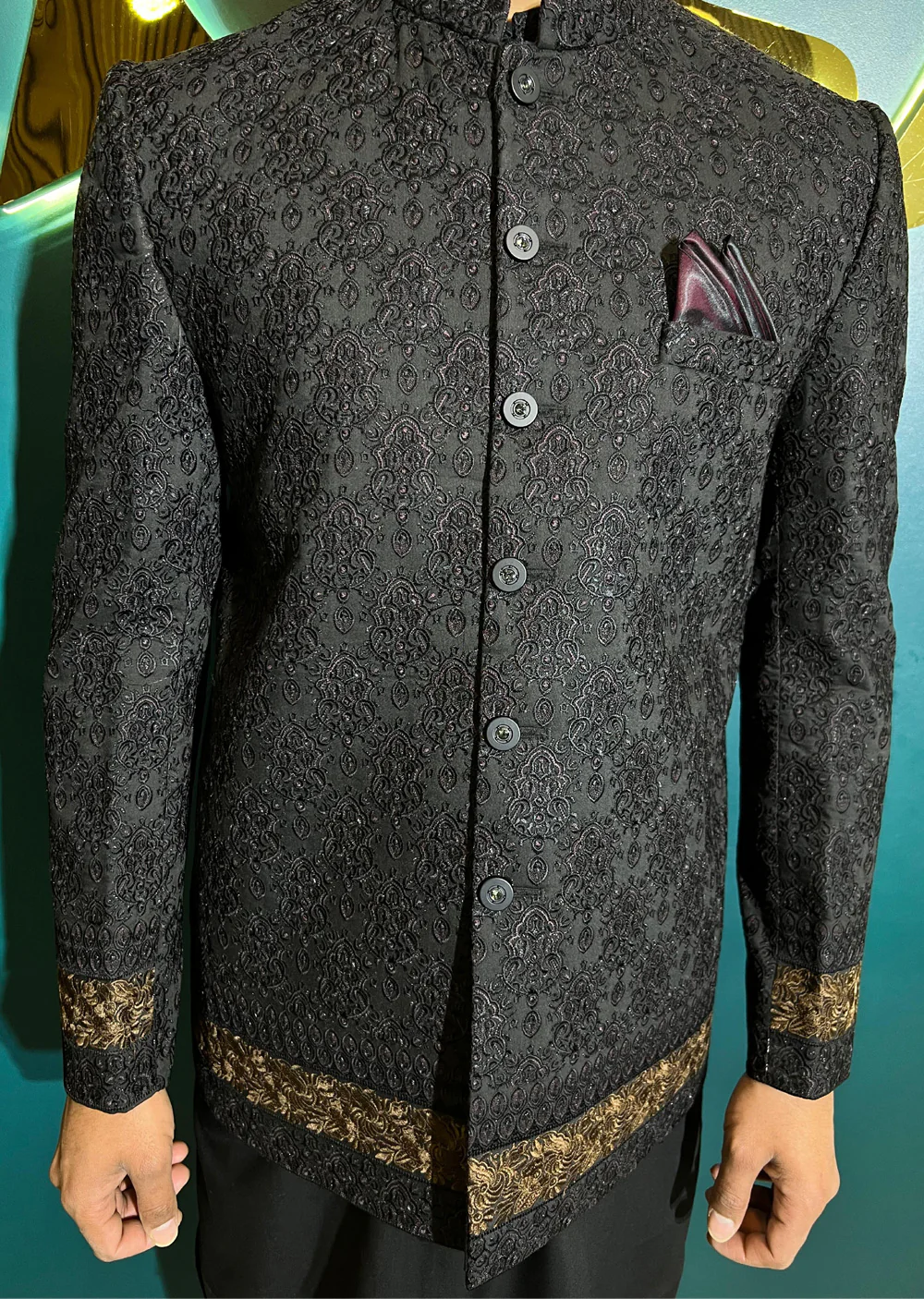 PC-704 - Black Mens Embroidered Prince Coat - Image 5