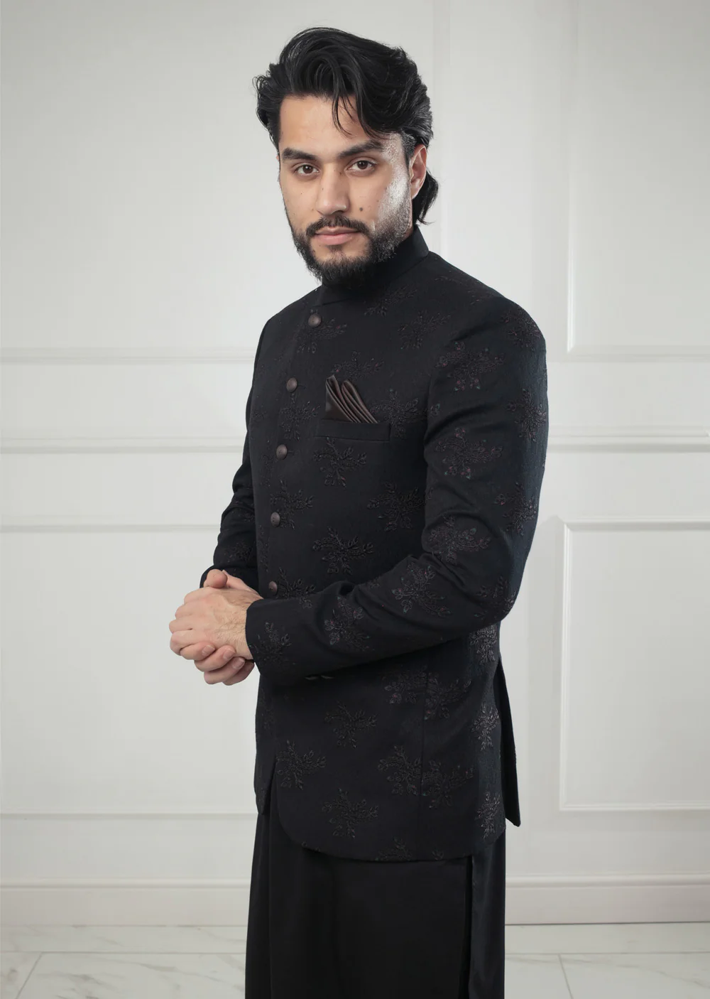PC-705 - Black Mens Embroidered Prince Coat - Image 5
