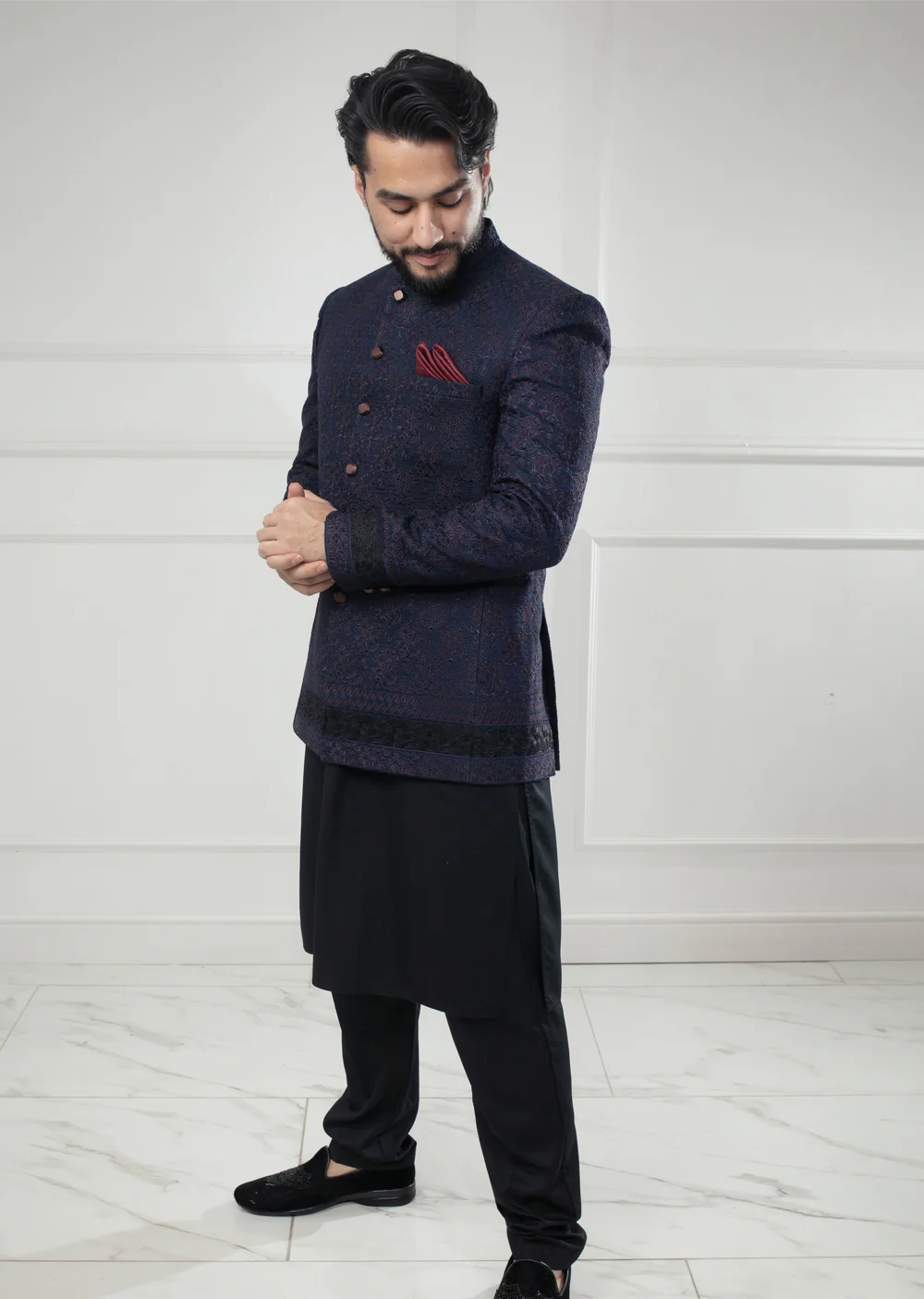 PC-707 - Navy Mens Embroidered Prince Coat - Image 3