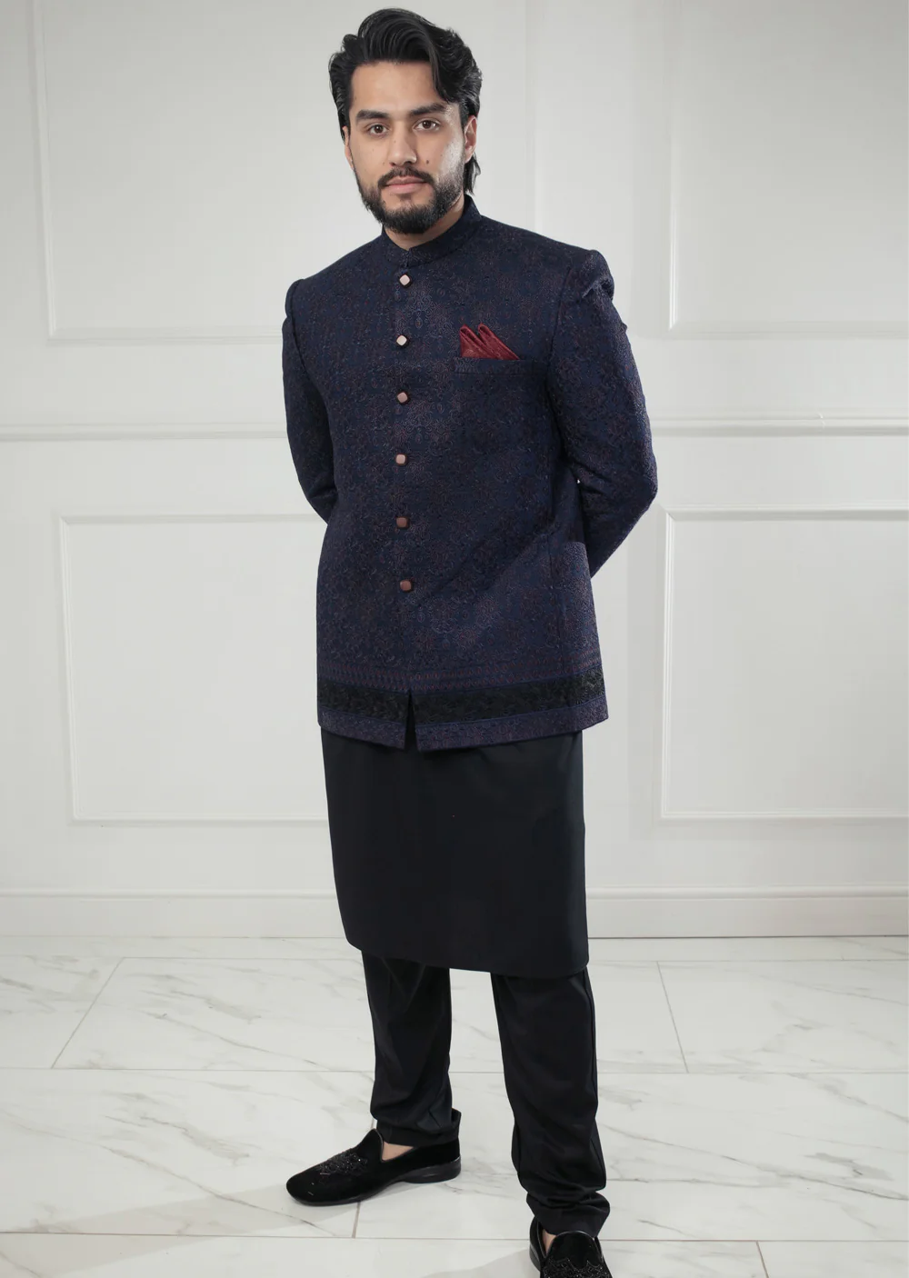 PC-707 - Navy Mens Embroidered Prince Coat - Image 4