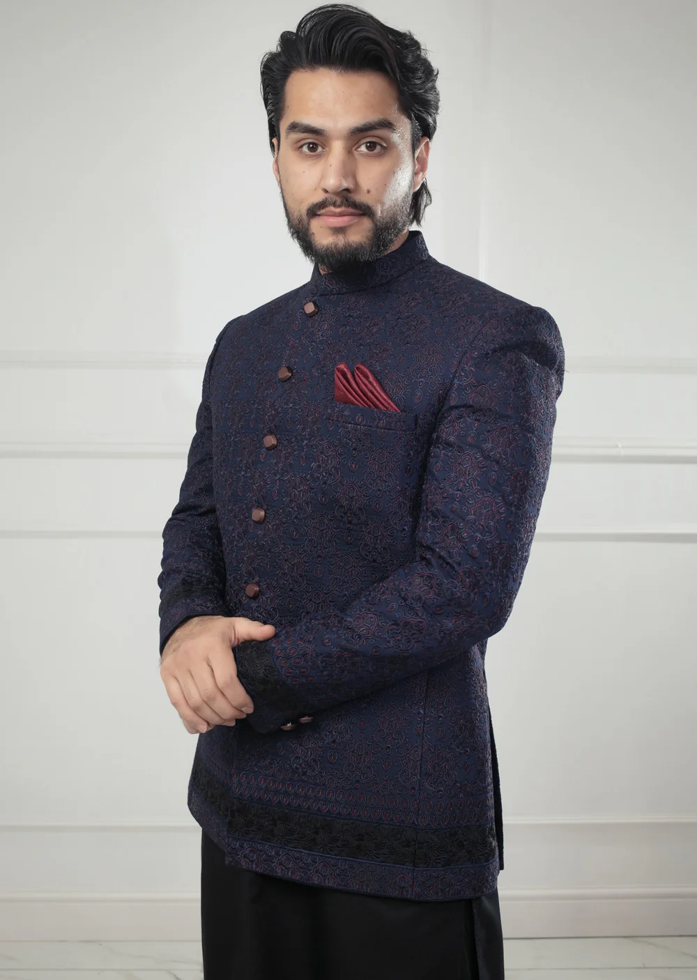 PC-707 - Navy Mens Embroidered Prince Coat - Image 5