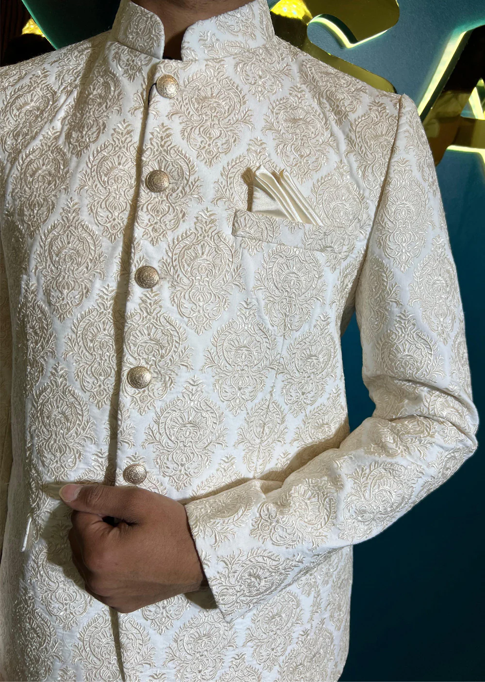 PC-710 - White Mens Embroidered Prince Coat - Image 9