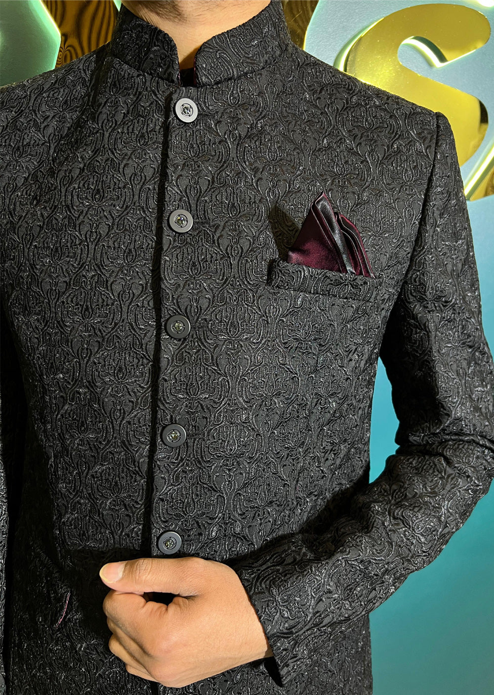 PC-711 - Black Mens Embroidered Prince Coat - Image 8