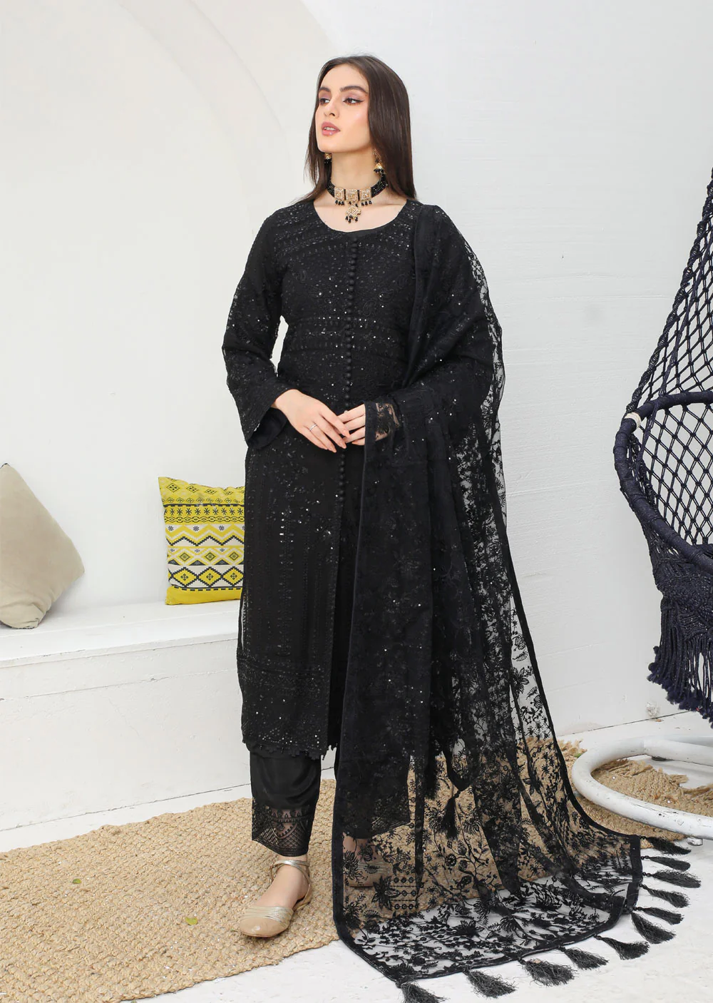PS1664 Black Readymade Chiffon Suit