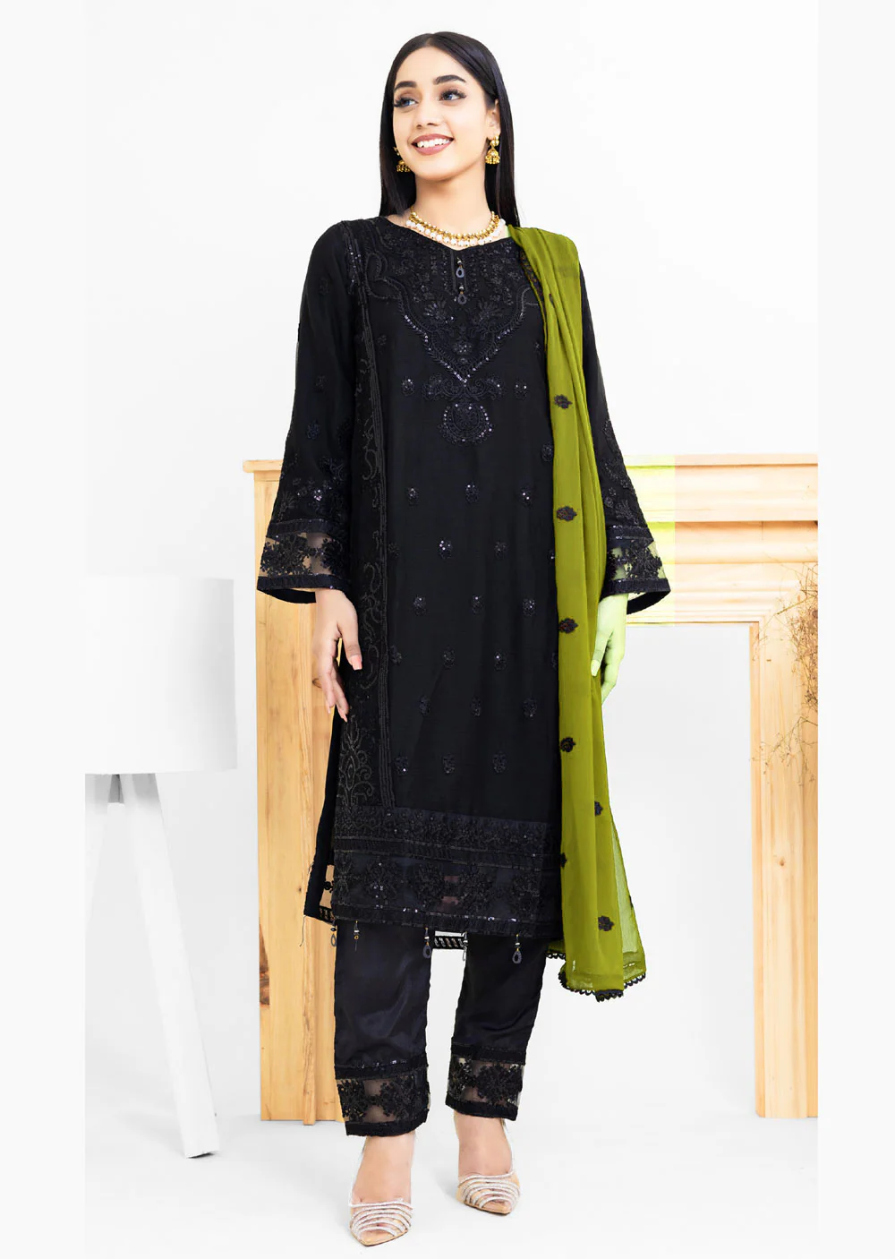 RGZ4018 Readymade Black/Mehndi Chiffon suit Mummy and Me