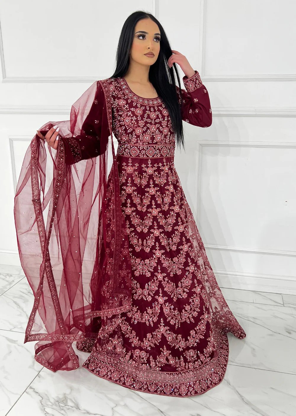 RH2113 Arya - Maroon Fancy Net Maxi Dress - Image 2