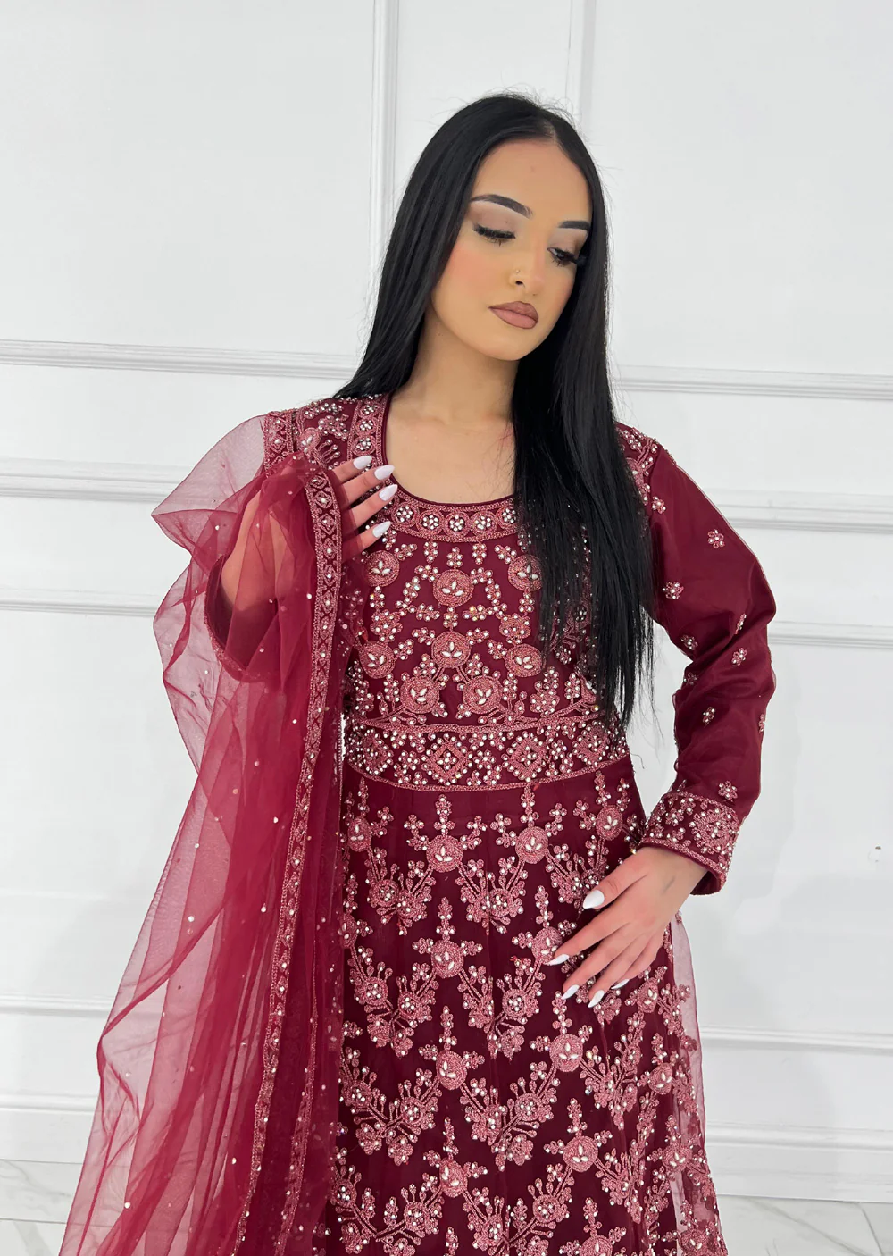 RH2113 Arya - Maroon Fancy Net Maxi Dress - Image 3