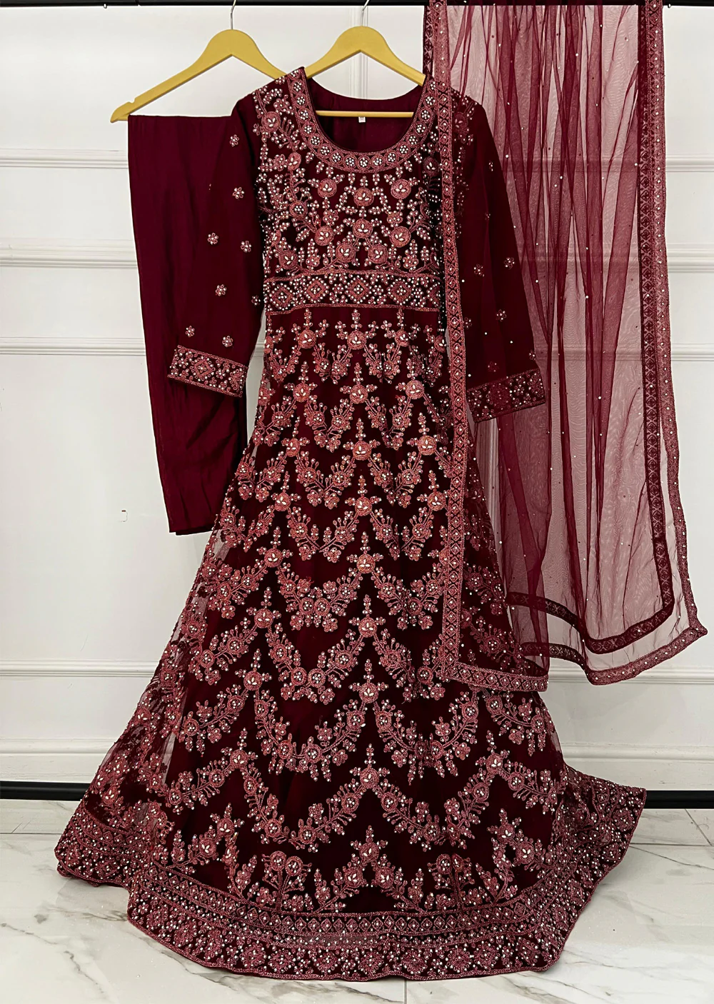 RH2113 Arya - Maroon Fancy Net Maxi Dress - Image 5