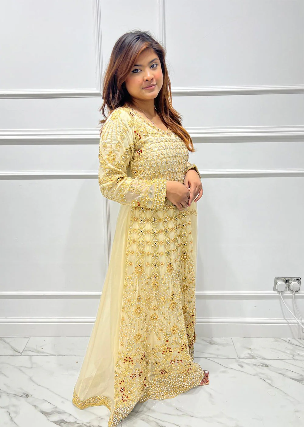 SHAZ9003 Gold Readymade Chiffon Party Gown - Image 2