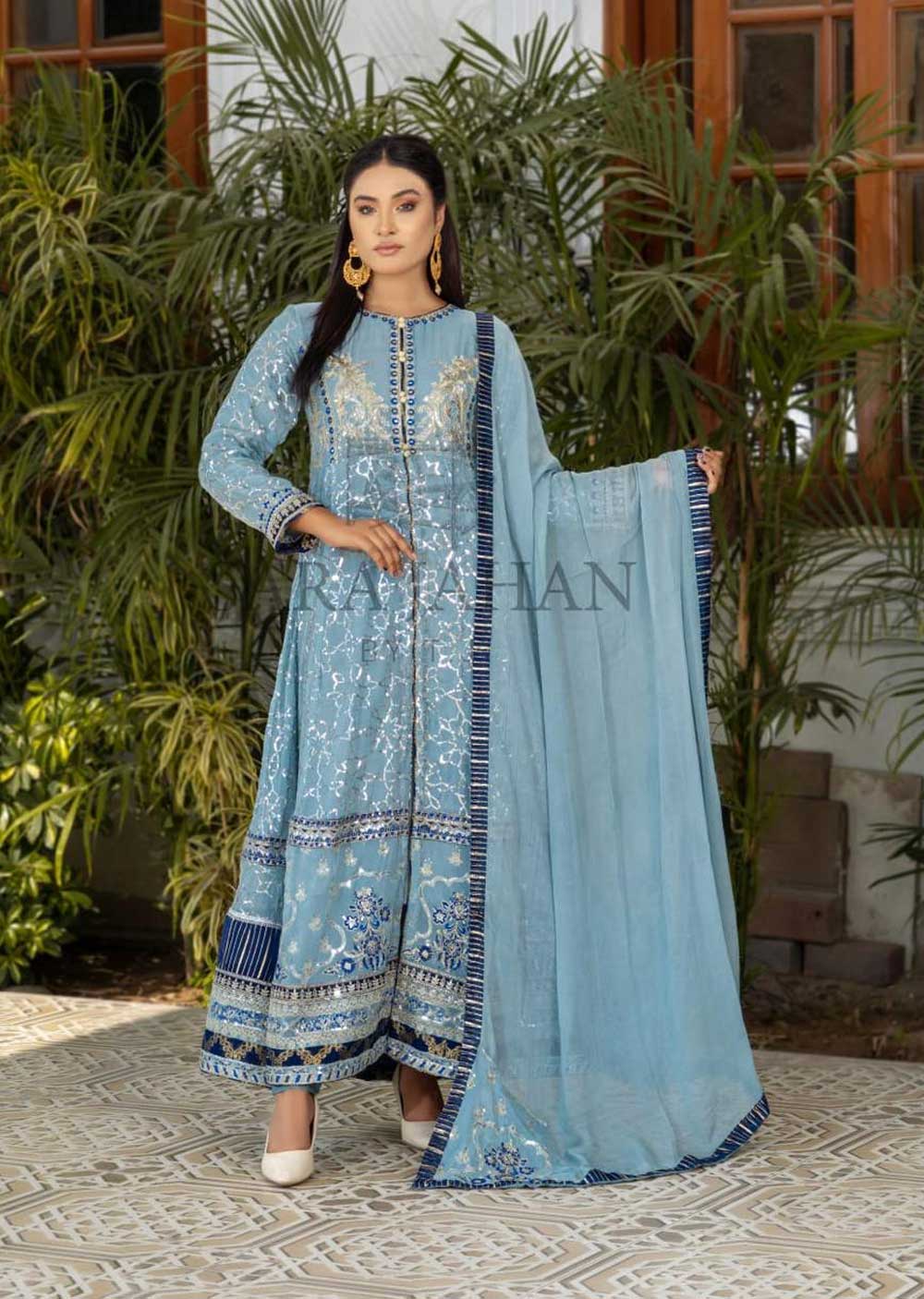 SJ029 Grey/Blue Readymade Fancy Chiffon Suit