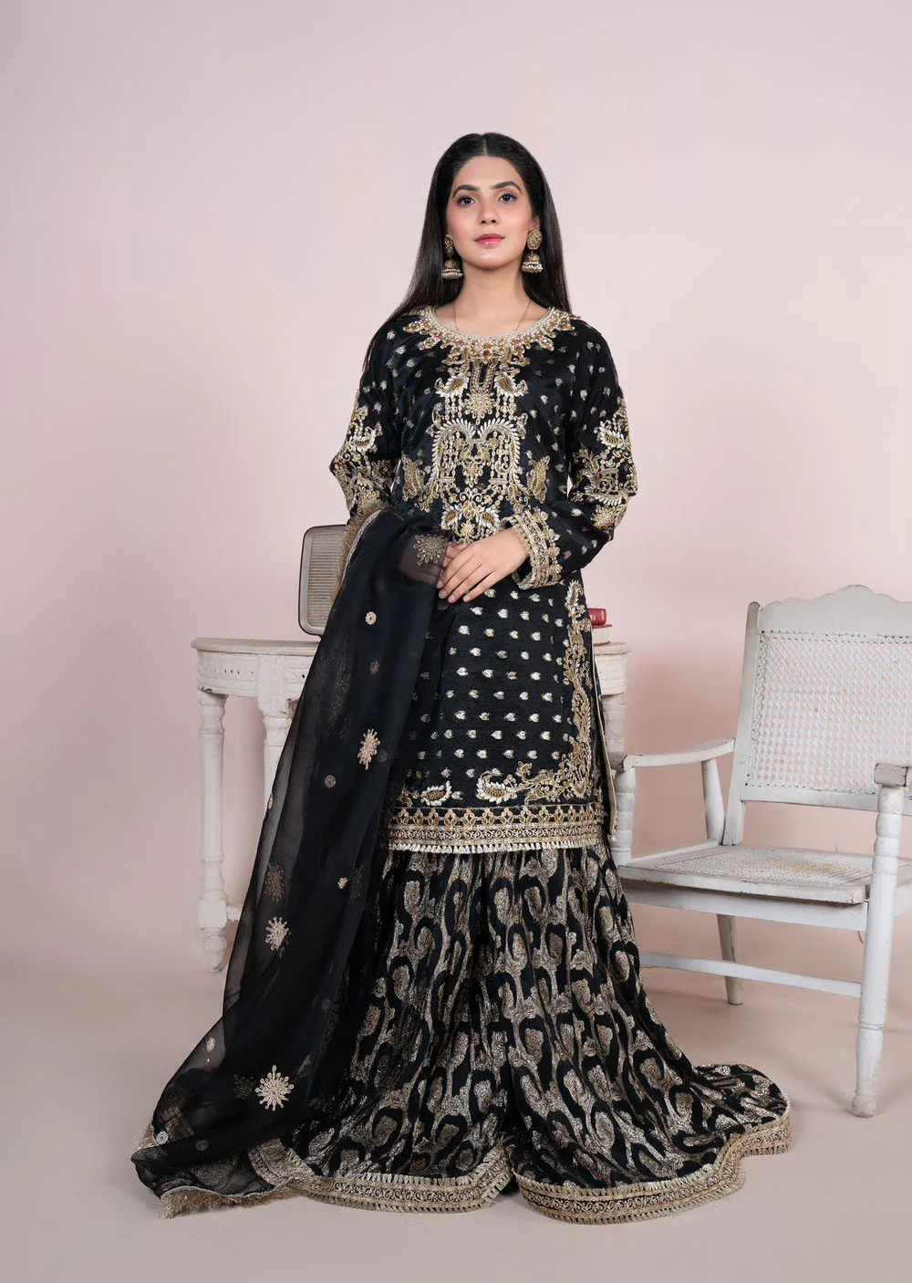 SJ101 Black Readymade Fancy Mother & Daughter Organza Suit - Image 4