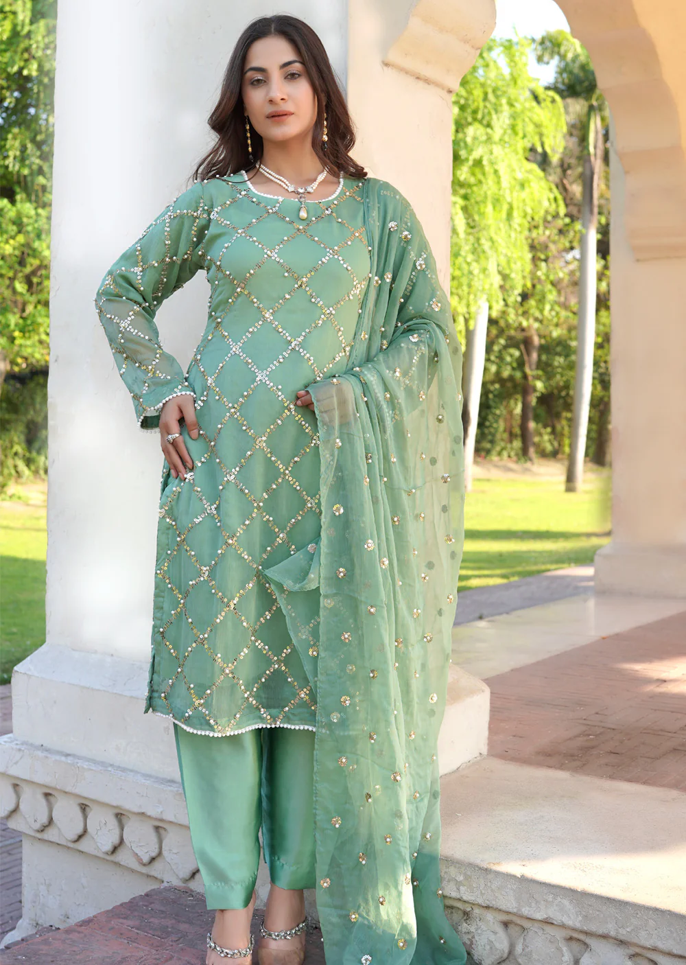 SMR3107 Quratulaine - Green Chiffon Suit - Image 6