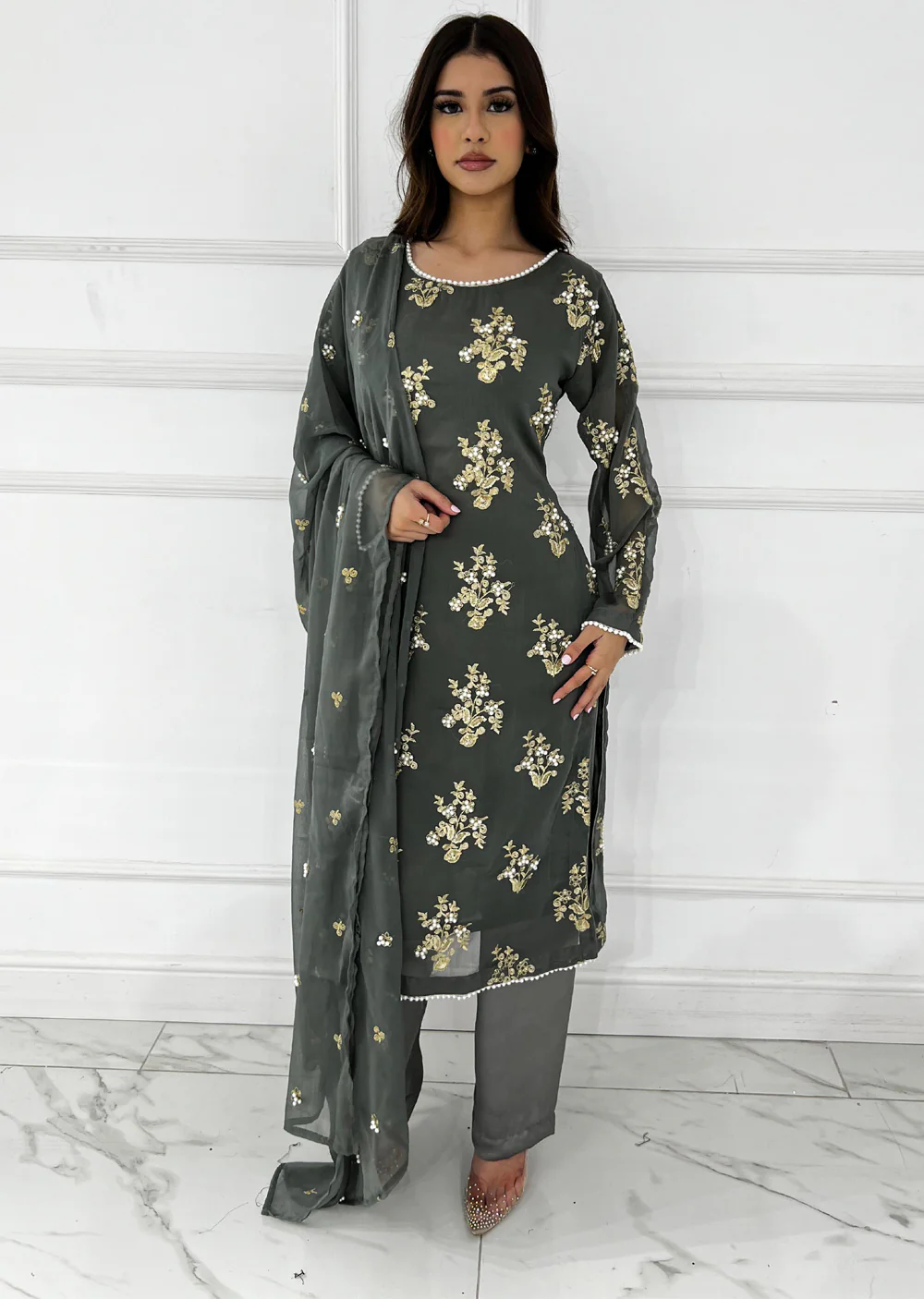 SMR3109 Rehem Dil - Grey Chiffon Suit