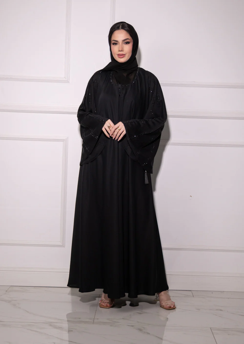 TAYB-03 - Black on Black - Bell Stripe Sleeves - Tayyab Abaya 2025