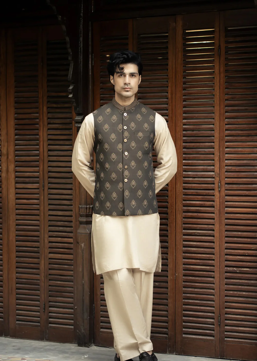 W-2891 - Readymade Jackard Self Design With Hand  Embroidery Waistcoat
