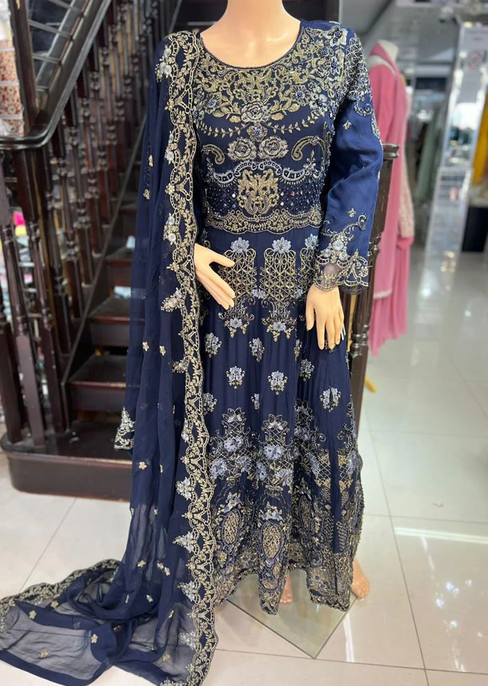 ZN1405 - Dark Blue Chiffon Readymade Maxi Dress