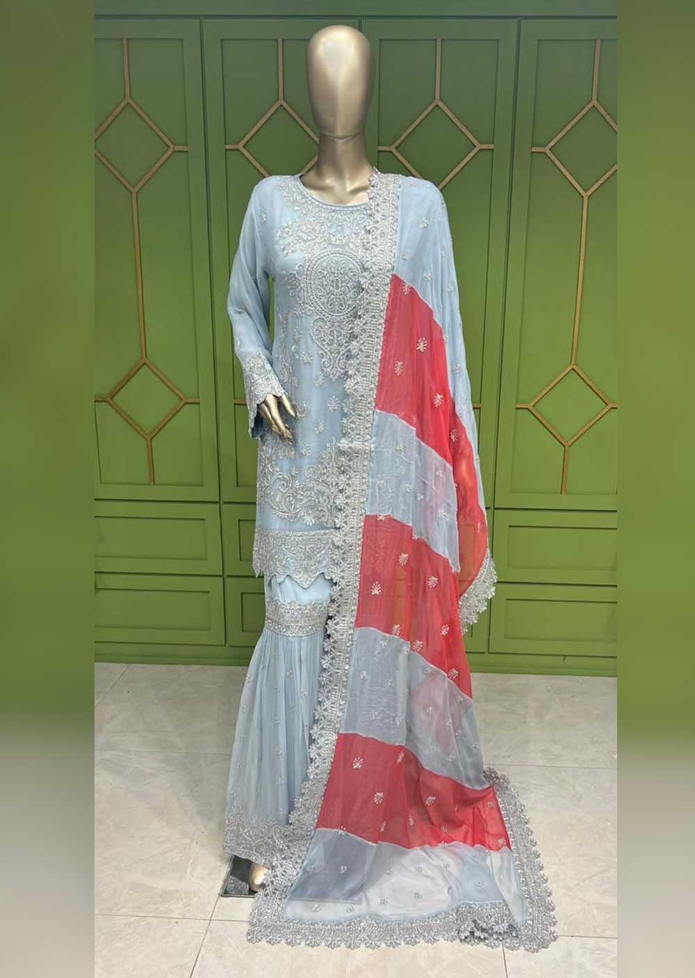 ZN1472 Sky Bue Readymade Chiffon Suit