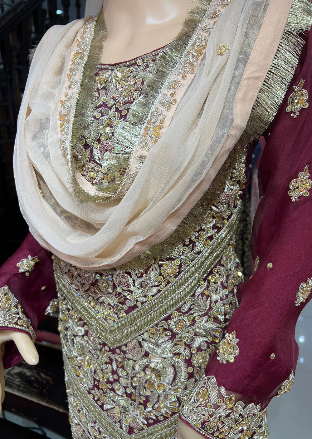 ZN1634 - Maroon Wedding Shararah Suit - Image 5