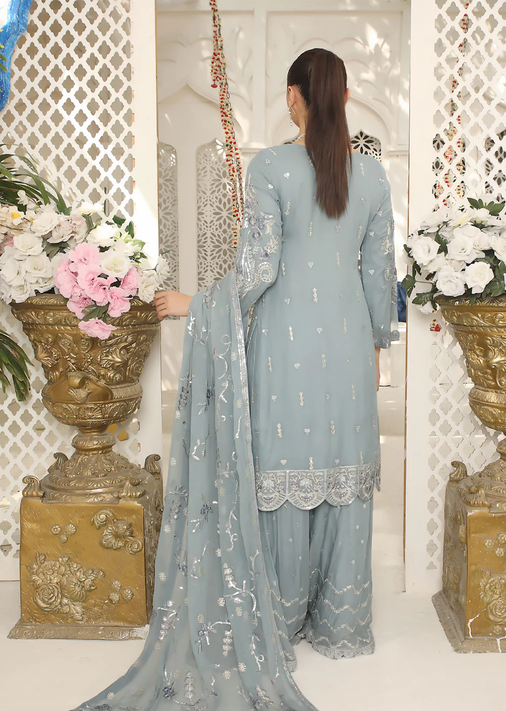 ZN1890 Grey Readymade Chiffon Shararah Suit - Image 2