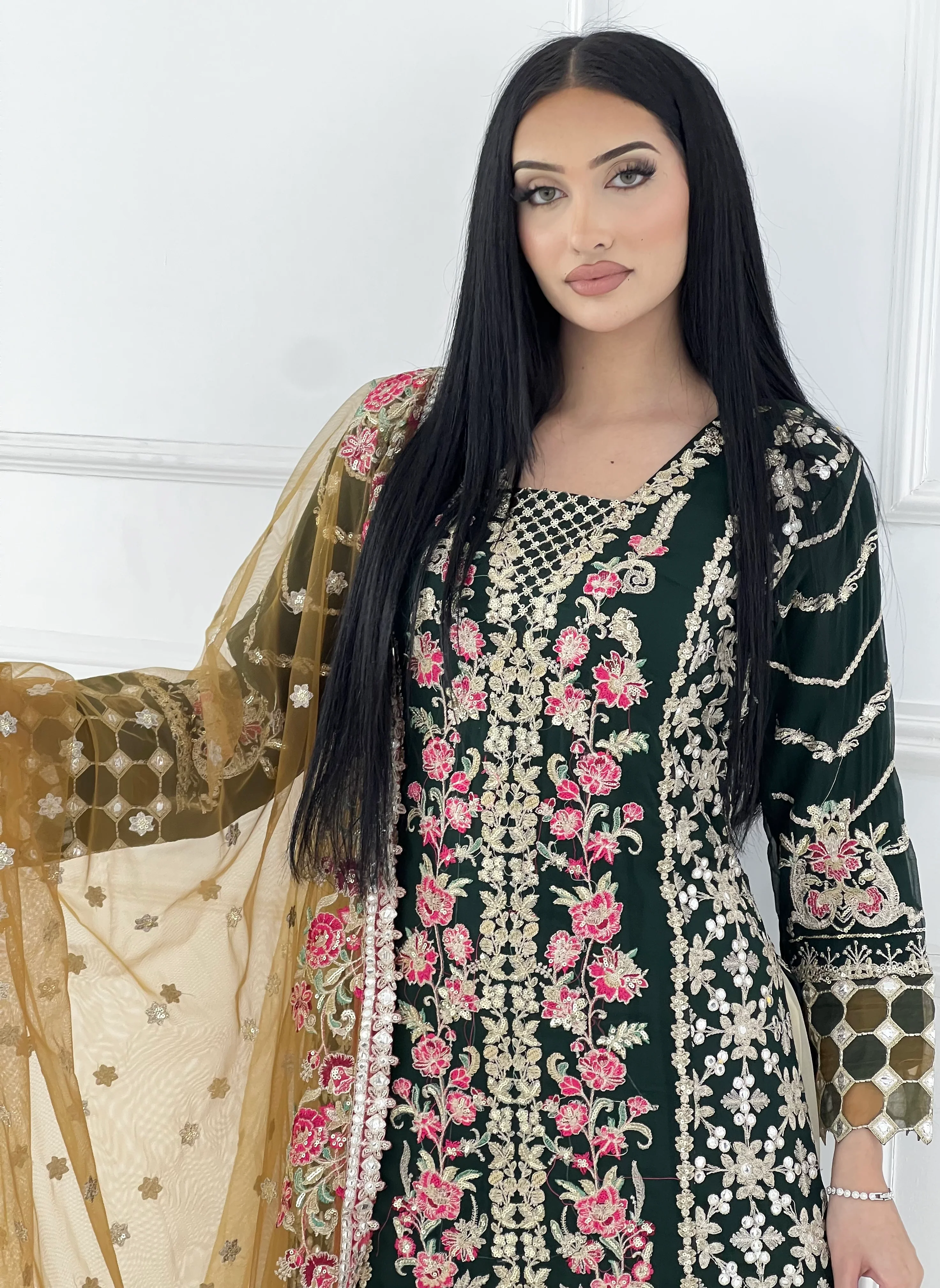 ZN1951 Dark Green Readymade Chiffon Suit - Image 3