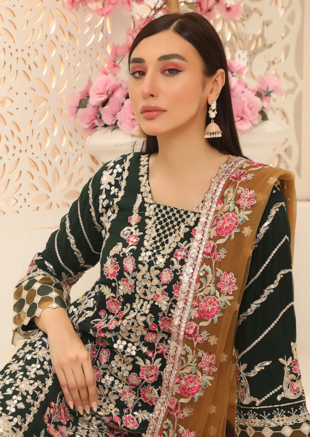ZN1951 Dark Green Readymade Chiffon Suit - Image 7